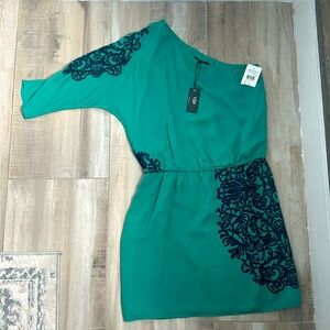 Tibi one shoulder green dress with navy. Never worn, with tags. Size 4